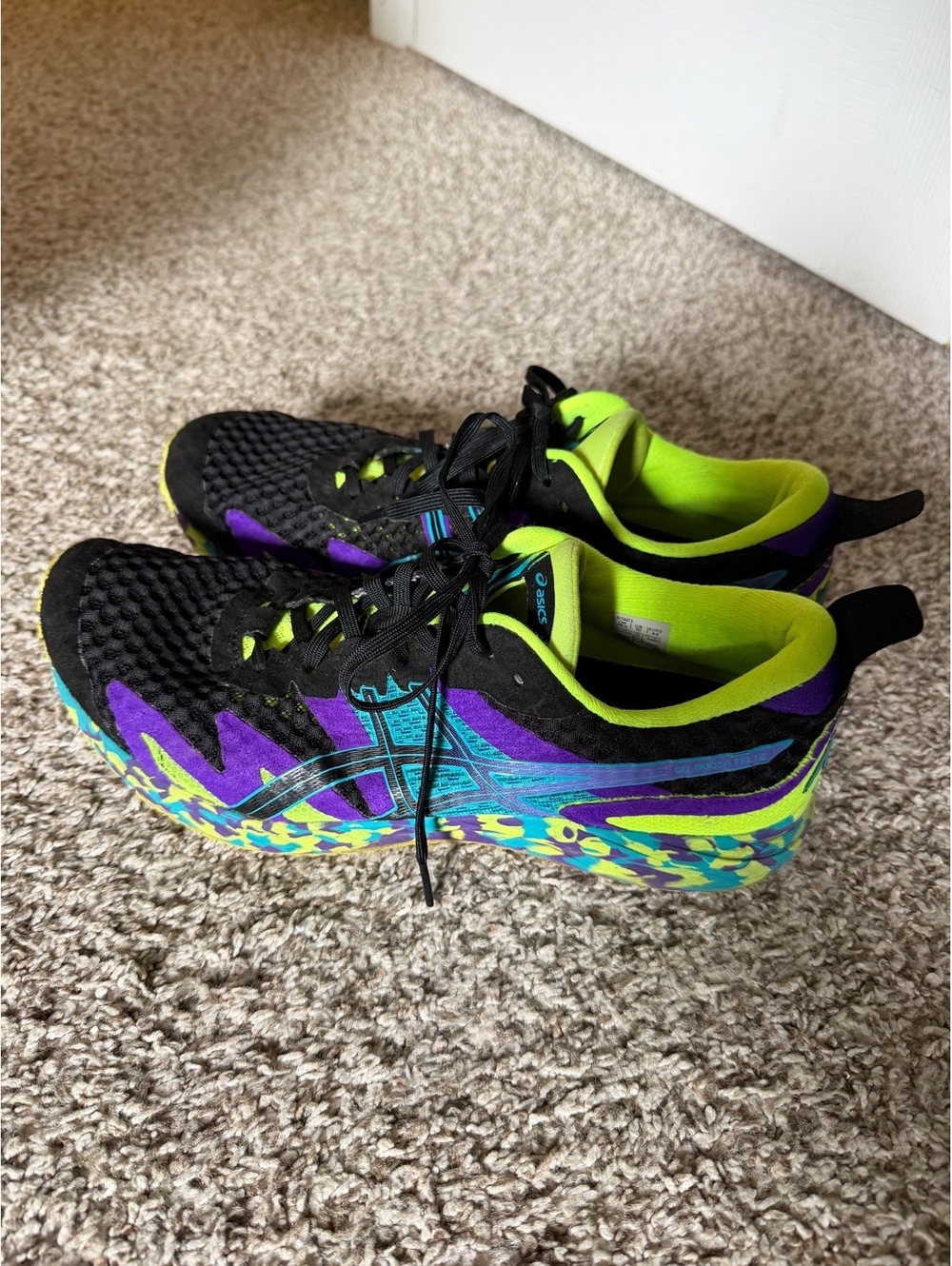 Asics Running Shoes in Black, Purple, and Neon Green - Size 9